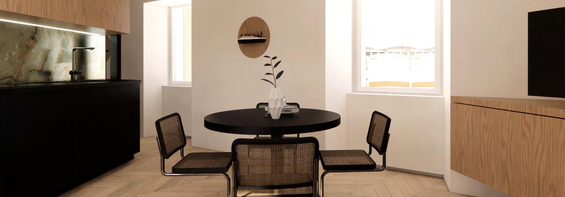 Modern, minimalist room with black table and stylish chairs, cozy atmosphere.