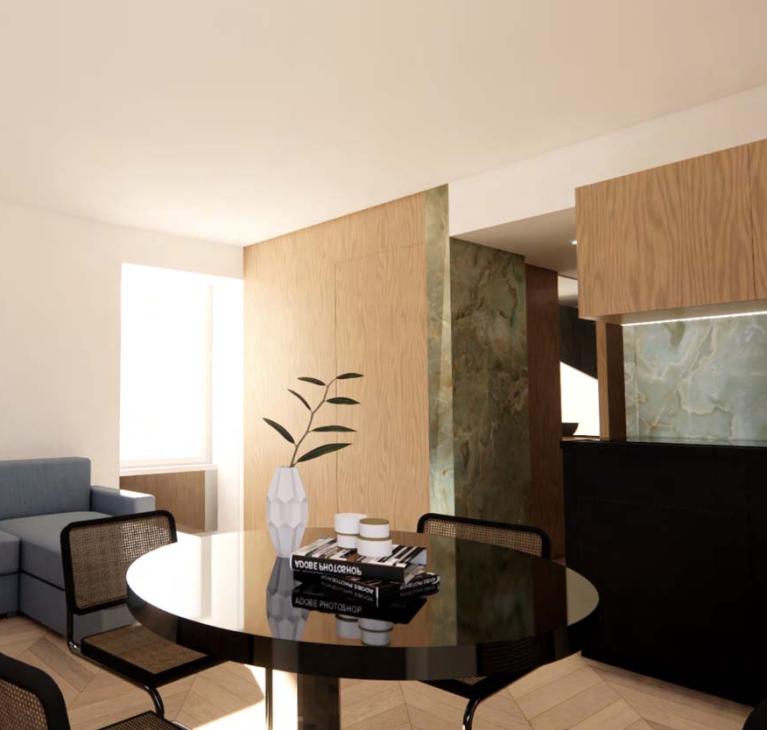 Elegant modern living room with glossy black table and blue sofa.