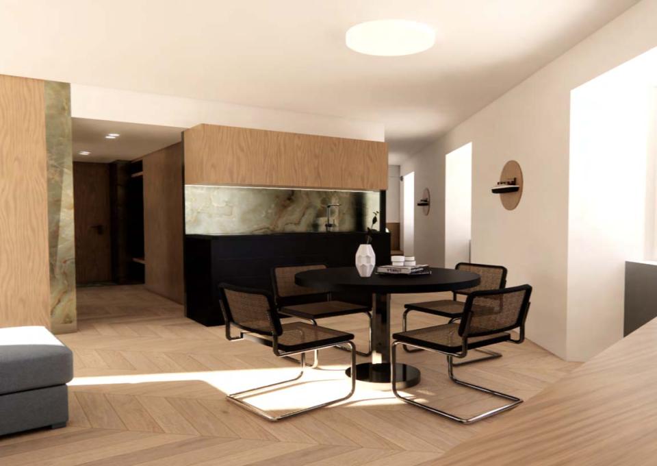 Elegant modern living room, black table, designer chairs, enveloping natural light.
