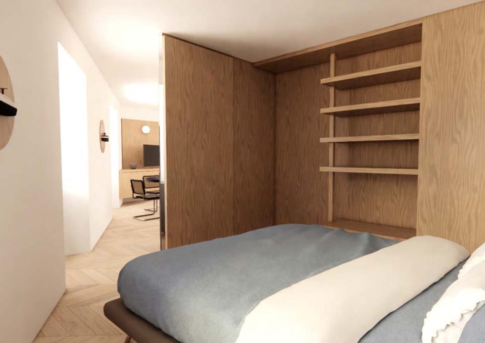 Cozy room with warm wood and modern furniture, relaxing atmosphere.