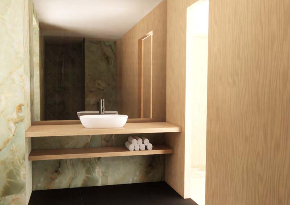 Elegant modern bathroom with light wood and green marble, minimalist and calming.